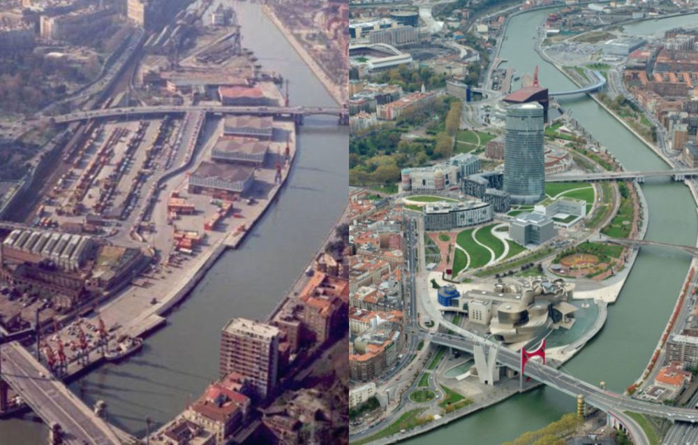 Barrio de Abandoibarra en Bilbao antes y después de las obras de renovación de la ciudad