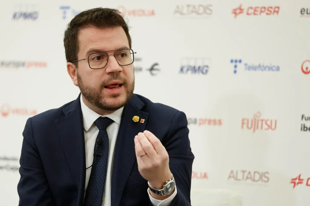 El presidente de la Generalitat de Cataluña, Pere Aragonés, participa en un desayuno informativo, este miércoles en Madrid.