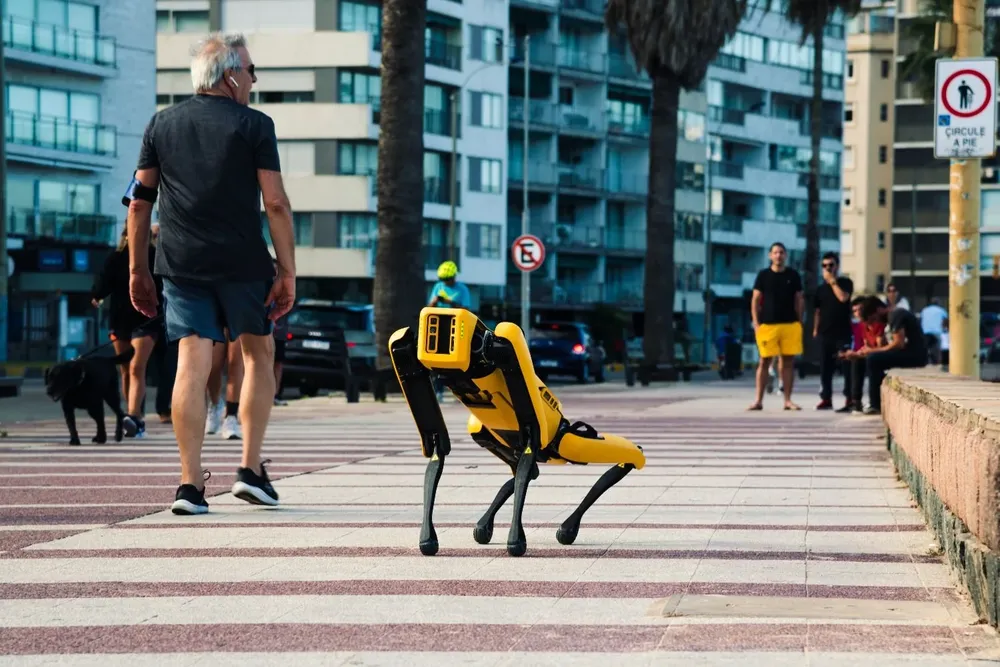 El perro robot paseó por diferentes puntos de Montevideo.