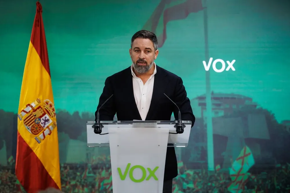 Santiago Abascal, durante una rueda de prensa tras la reunión del Comité de Acción Política de VOX, en la sede nacional del partido, a 6 de noviembre de 2023, en Madrid