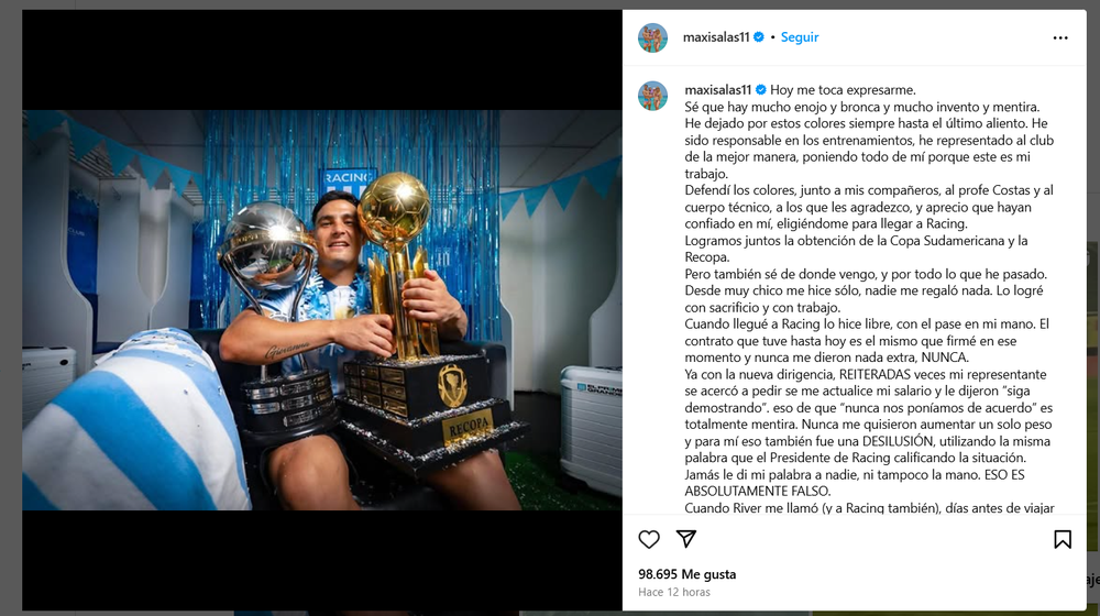 El posteo de Salas tras su salida de Racing El posteo de Salas tras su salida de Racing