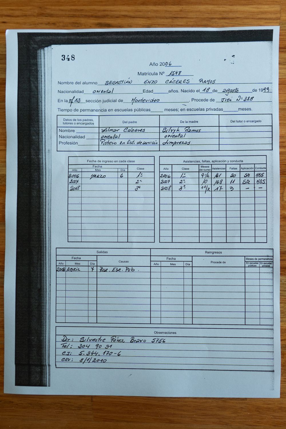 El documento de la Escuela 292 y la escolaridad de Sebastián Cáceres en sus primeros años como alumno, que lo llevaron a ser abanderado de la bandera uruguaya; pasó los dos primeros años con El documento de la Escuela 292 y la escolaridad de Sebastián Cáceres en sus primeros años como alumno, que lo llevaron a ser abanderado de la bandera uruguaya; pasó los dos primeros años con