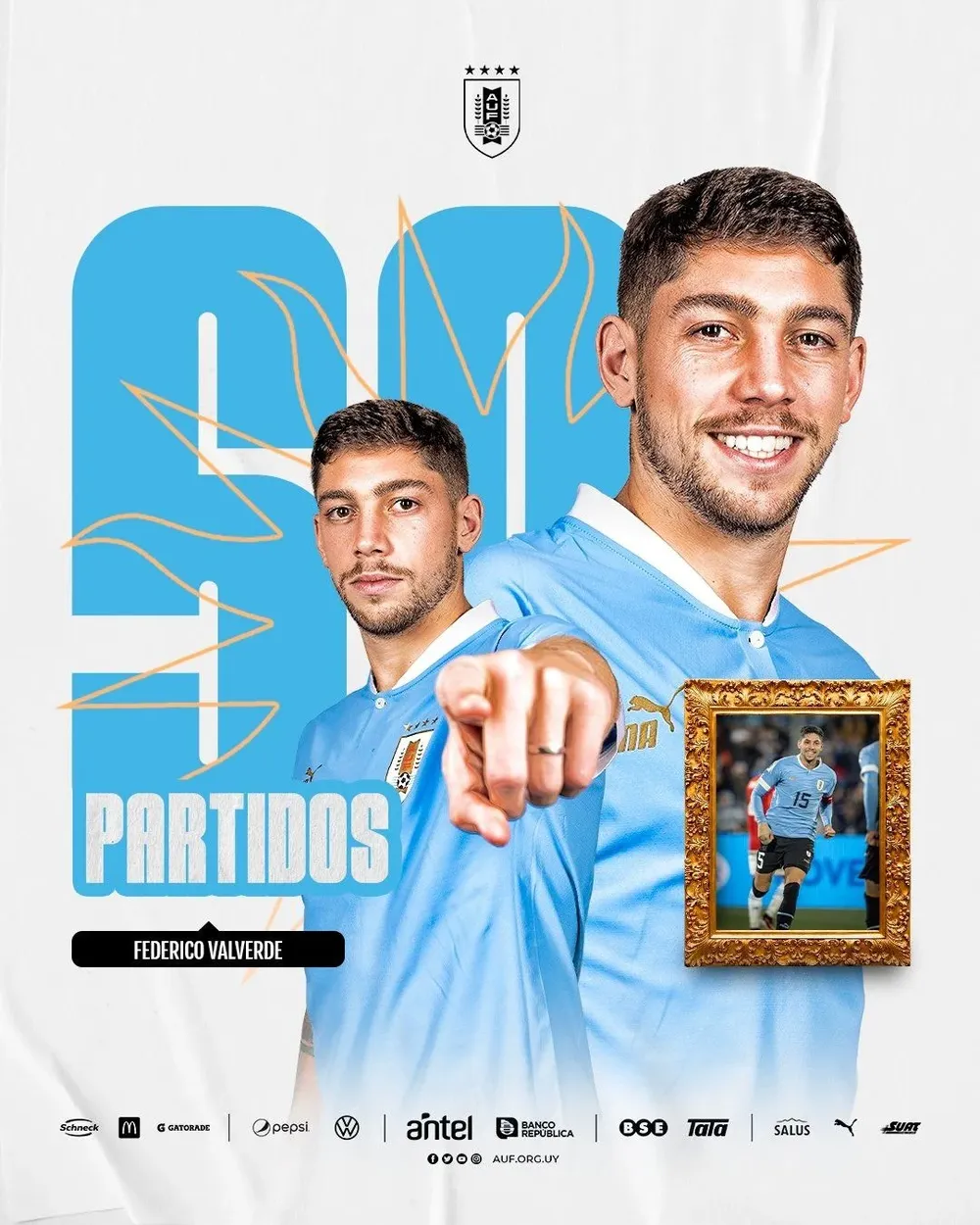 Federico Valverde cumplió 50 partidos con Uruguay y la AUF lo recordó con un posteo