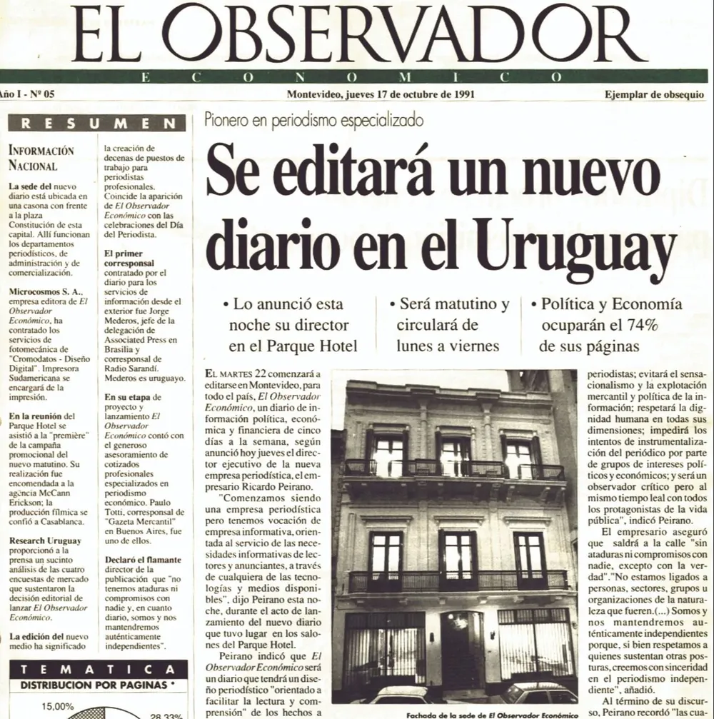 Primera tapa de El Observador en el que se anuncia el nuevo diario