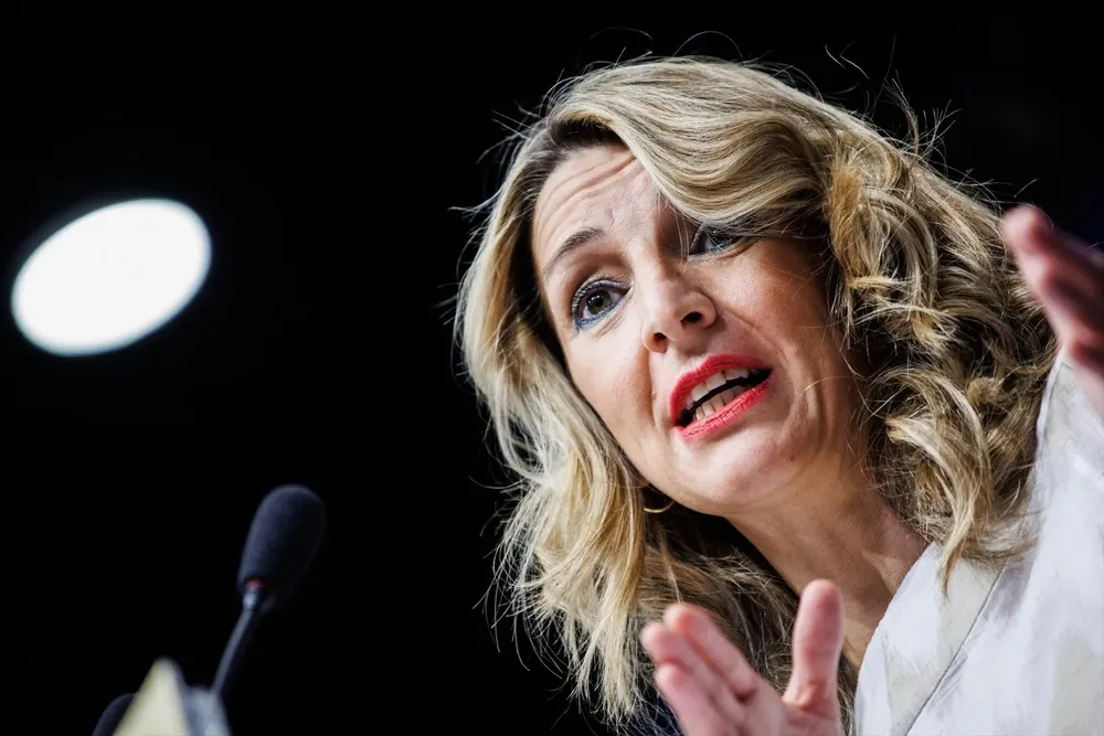 La vicepresidenta segunda del Gobierno y ministra de Trabajo y Economía Social, Yolanda Díaz, en una rueda de prensa tras su reunión con CCOO y UGT.