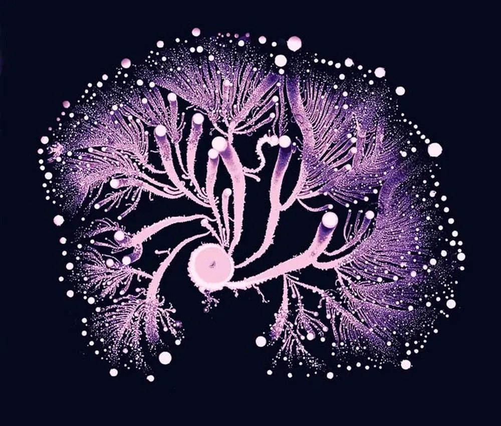 Paenibacillus Esta colonia de Paenibacillus en un laboratorio se organiza formando un patrón. En general, las bacterias pueden actuar de forma colectiva, comunicándose entre sí mediante señales químicas