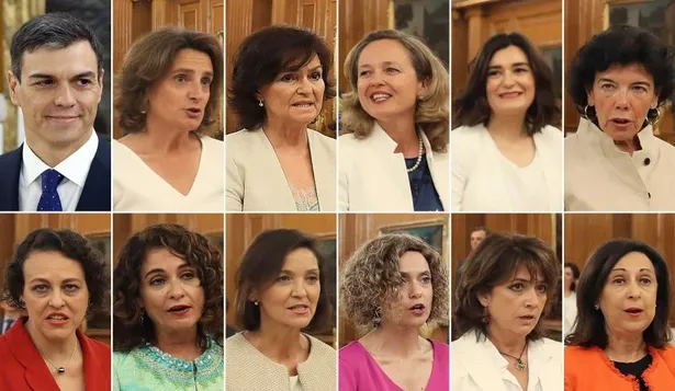 El nuevo presidente del gobierno de España, Pedro Sánchez, y sus 11 ministras