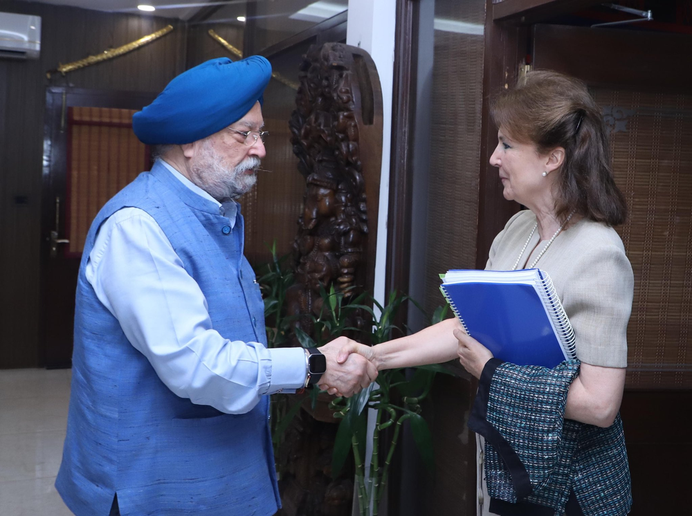 La canciller de Argentina, Diana Mondino y el ministro de Petróleo y Gas Natural de la India, Hardeep Singh Puri