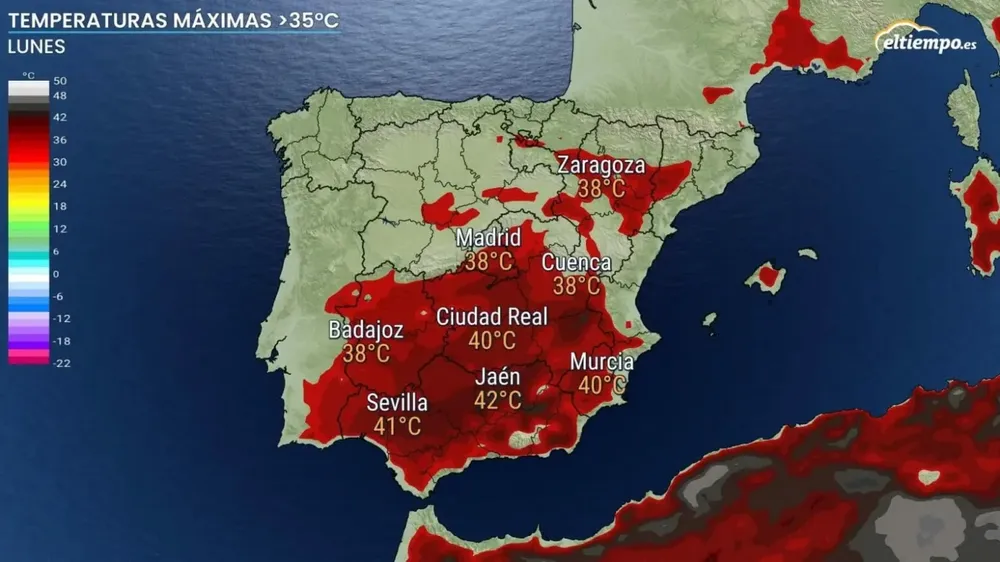 La zona roja marca los máximos de la ola de calor.