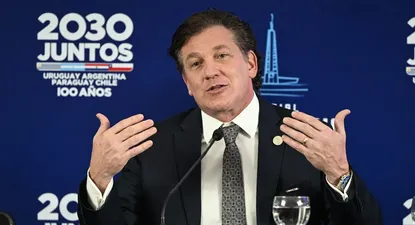 Alejandro Domínguez en la presentación de la candidatura de Uruguay, Argentina, Chile y Paraguay para el Mundial 2030, en agosto en Montevideo, en el Estadio Centenario