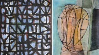 Neuma en azul, un óleo sobre arpillera de Marcelo Larrosa y Ls, un óleo sobre tela de Gabriel Brozzone