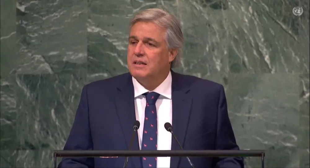 El canciller Bustillo durante su discurso en la ONU