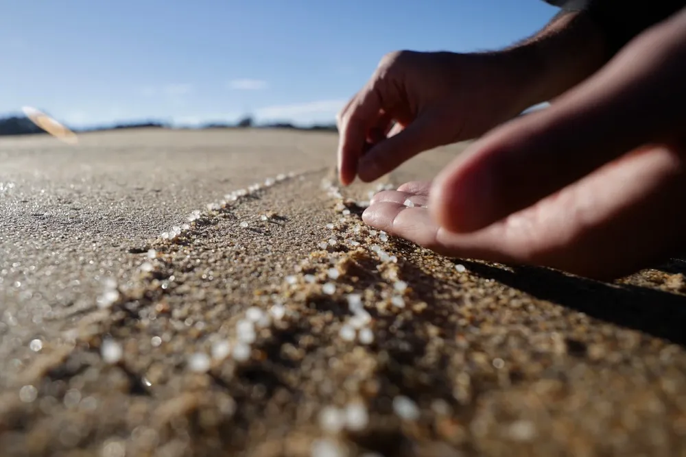 Una persona recoge pélets en la playa de Mera, situada en el concello coruñés de Oleiros.
