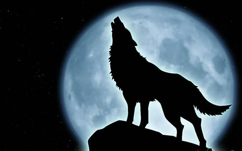 Típica ilustración de un lobo aullando a la Luna