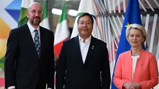 Presidentes: Charles Michel (del Consejo Europeo), Luis Arce (de Bolivia) y Ursula Von der Leyen (de la Comisión Europea)