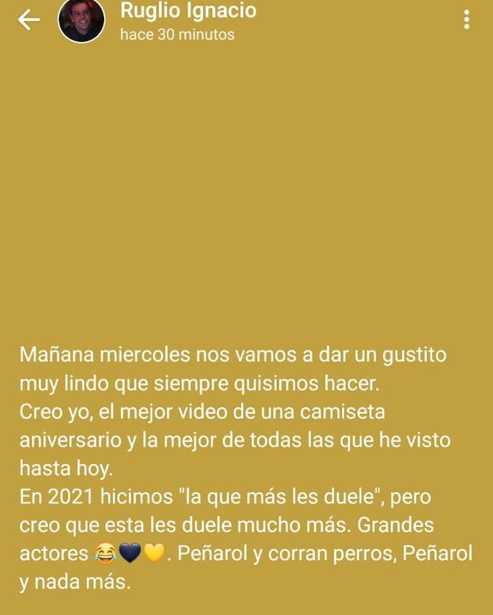 El posteo de Ignacio Ruglio sobre la camiseta de aniversario de Pe&ntilde;arol