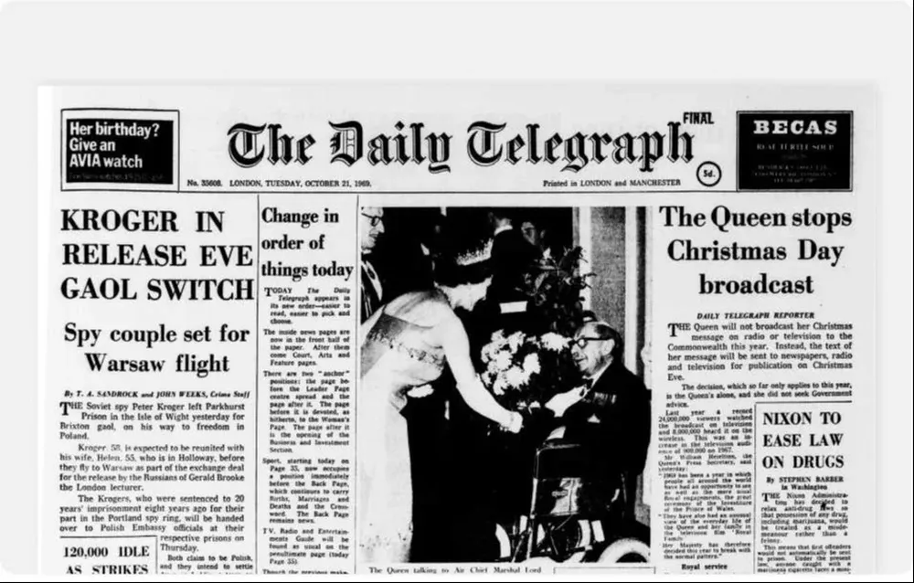 Una primera plana de The Daily Telegraph en 1969.