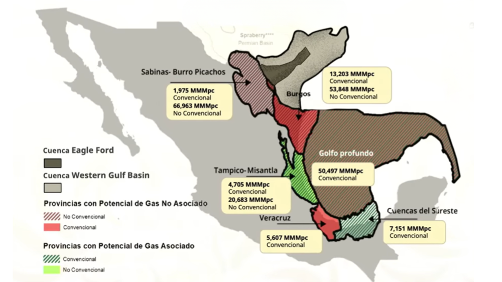 Según los cálculos del gobierno mexicano, existen regiones del noroeste con potencial extractivo de gas convencional y no convencional.