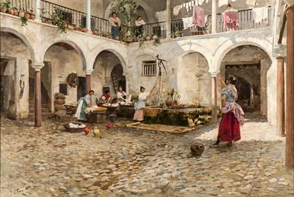 Óleo sobre tela titulado Patio napolitano, firmado por Emilio Atilio Simonetti