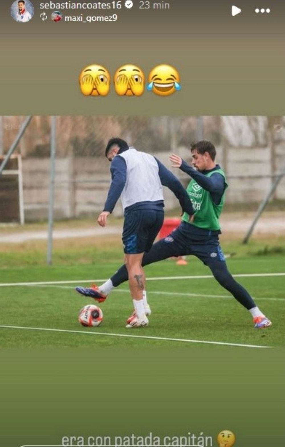 El posteo de Maximiliano G&oacute;mez que fue contestado por Sebasti&aacute;n Coates, tras una jugada en la pr&aacute;ctica de Nacional