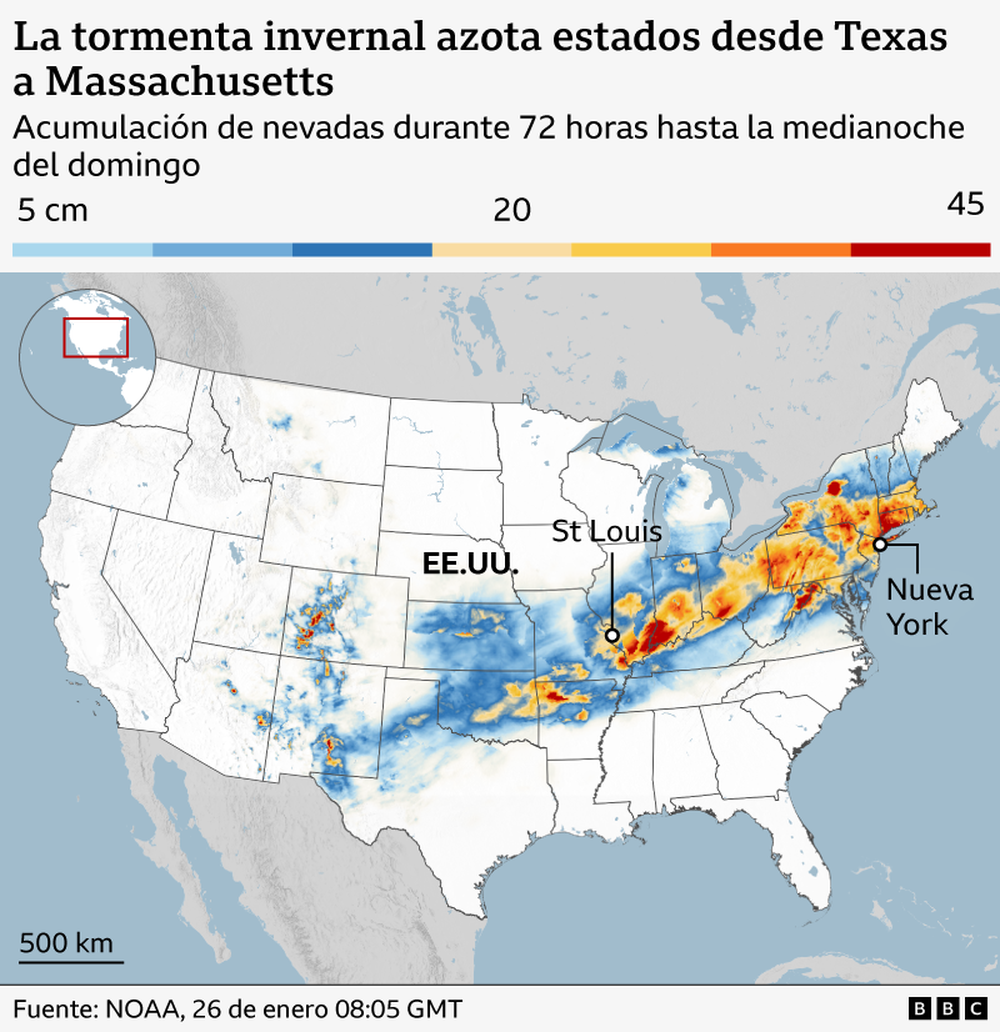 El mapa muestra la extensión de las nevadas en Estados Unidos desde el viernes hasta el domingo