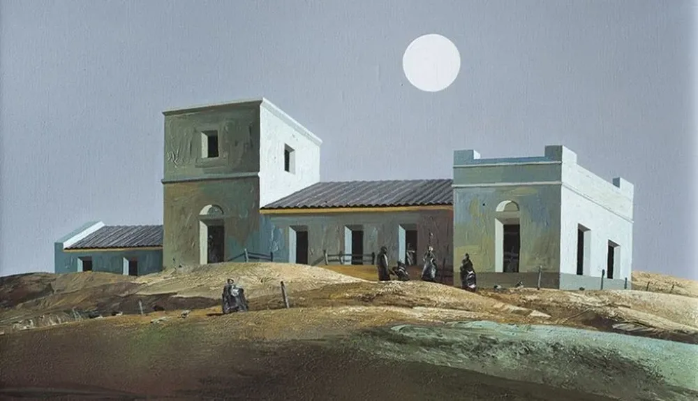 Estancia con luna, un acrílico sobre tela fechado en 1995 por el pintor Jorge Damiani
