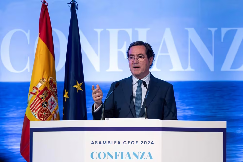 El presidente de CEOE, Antonio Garamendi, preside la asamblea general anual de la patronal, este martes en Madrid