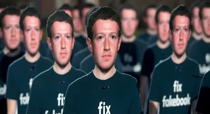 La cara de Mark Zuckerberg, fundador de Facebook, fue utilizada para esta intervención hecha en abril afuera del Congreso estadounidense en el que pedían a los legisladores que arreglen Facebook