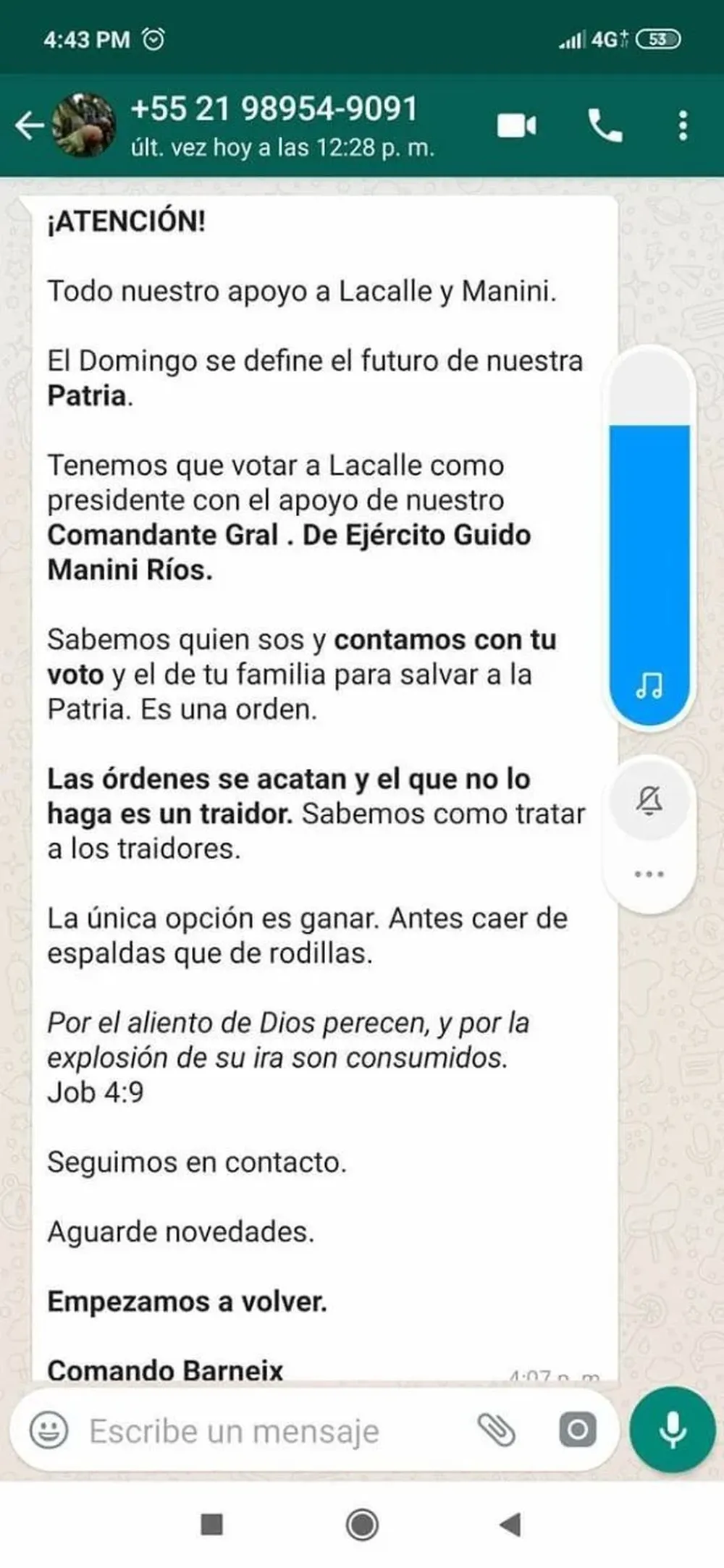 Mensaje que recibieron algunos usuarios de WhatsApp