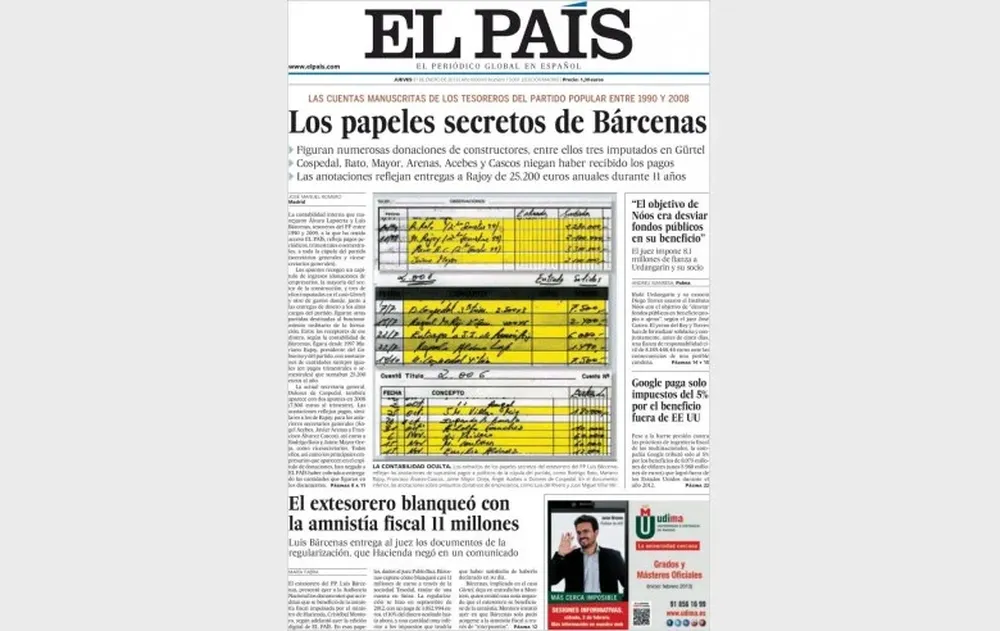 El 31 de enero El País de Madrid publicó fragmentos de los libros ocultos que demuestran el pago de sobresueldos