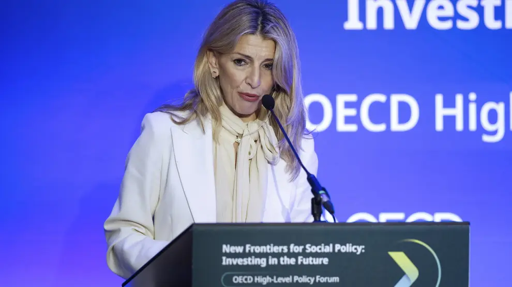 Yolanda Díaz, vicepresidentea segunda y ministra de Trabajo en la sede de la OCDE.