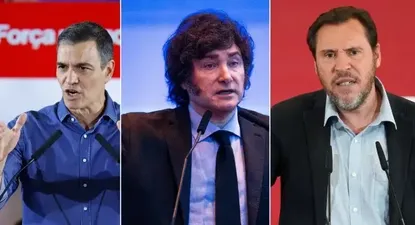 Presidentes Pedro Sánchez y Javier Milei, y ministro Oscar Puente.
