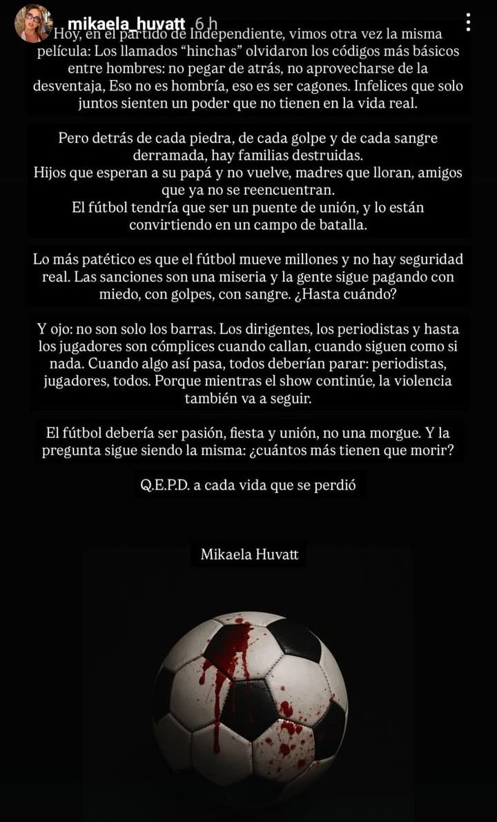 El mensaje de Mikaela Huvatt, pareja de Rodrigo Aguirre