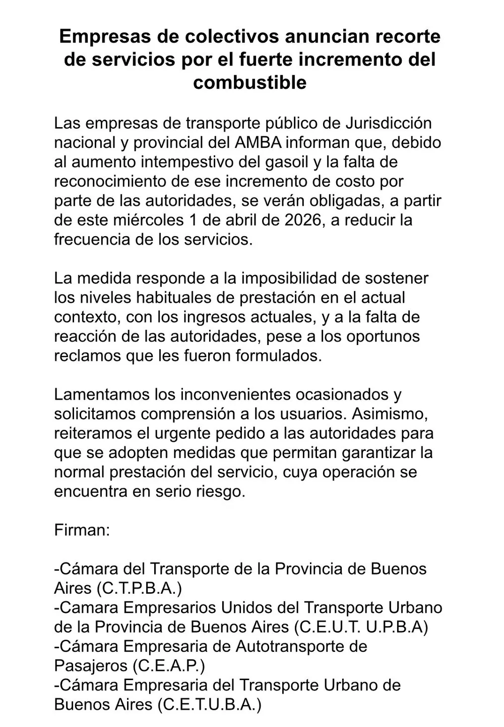 Comunicado de las compa&ntilde;&iacute;as de colectivos que operan en el AMBA
