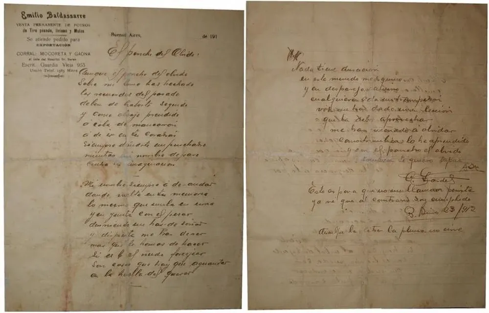 Letra del tango El poncho del Olvido, escrita en puño y letra de Carlos Gardel