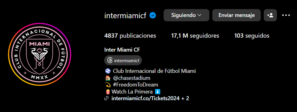 La cuenta de Instagram del Inter de Miami creció de 1 millón a 17,1 millones de seguidores gracias a Messi.  