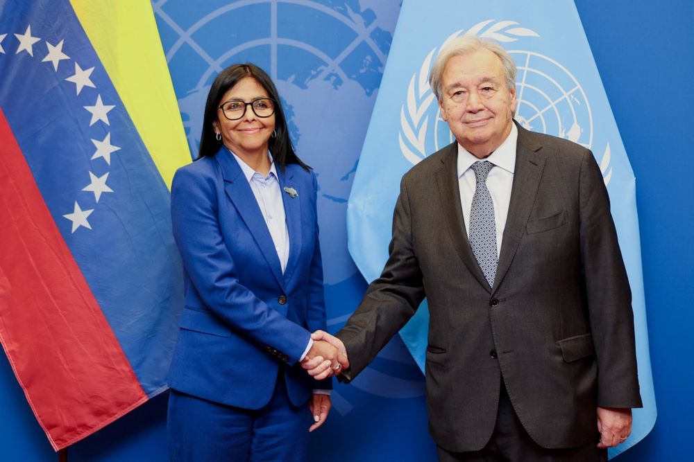 Delcy Rodríguez con el secretario general de la ONU, António Guterres, en Nueva York