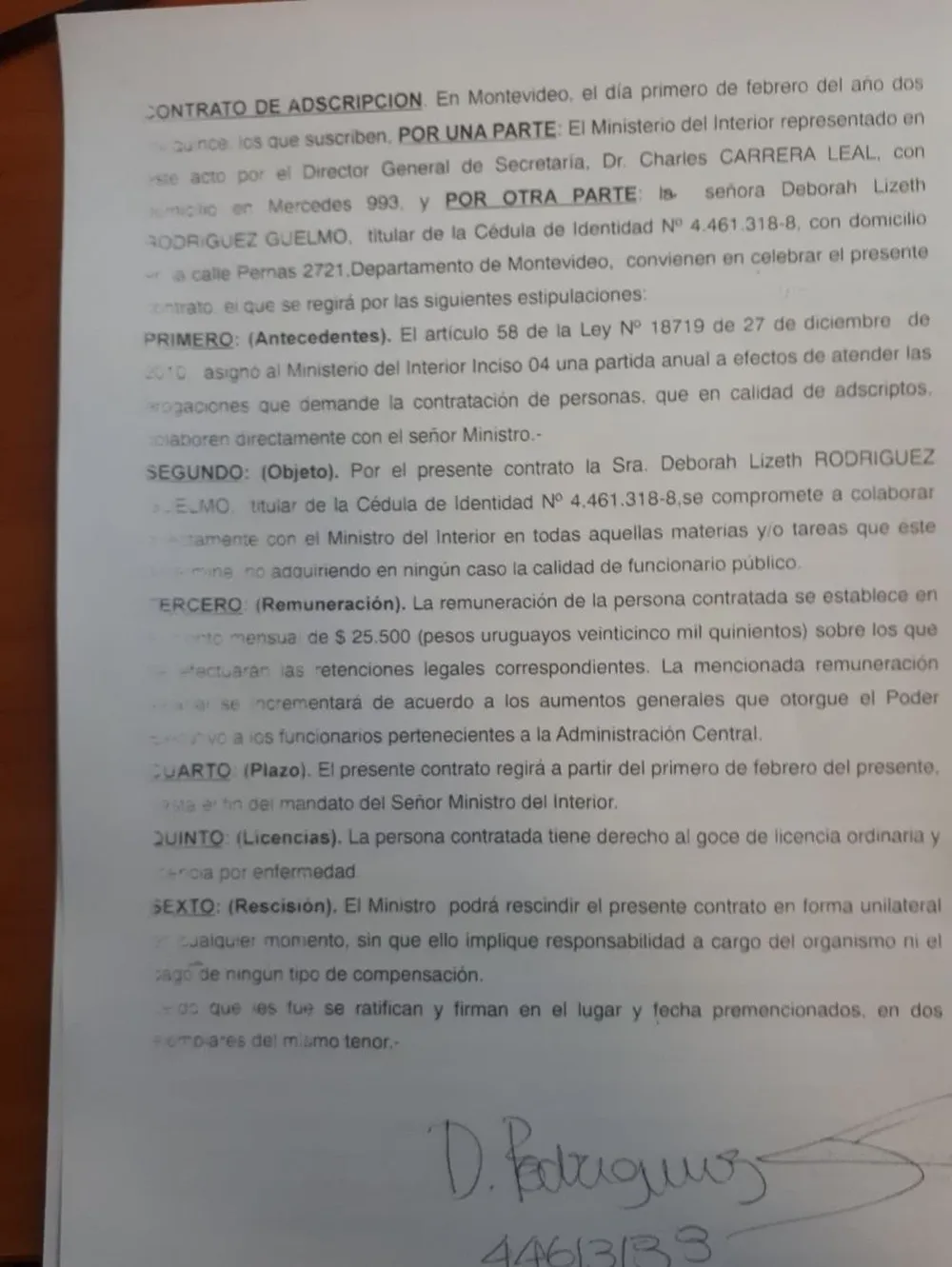 Contrato de Déborah con el Ministerio del Interior