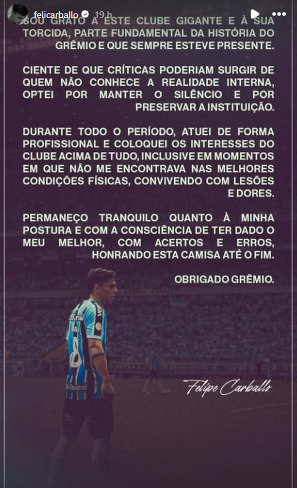 Felipe Carballo se despidió de Gremio