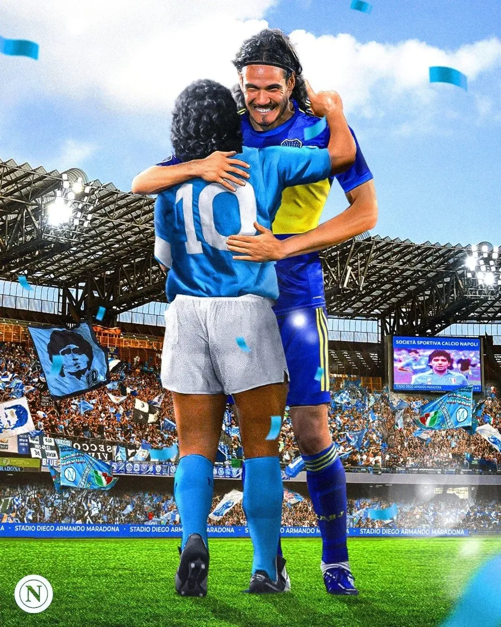 El abrazo de Cavani y Maradona