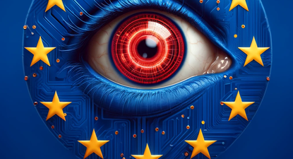 El Observador | DALL·E 2024-05-11 16.31.42 - A version of the European Union flag featuring a highly realistic eye with a completely red iris, inspired by advanced technology. The flag maintains .webp