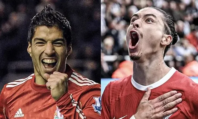 Luis Suárez y Darwin Núñez con la camiseta de Liverpool