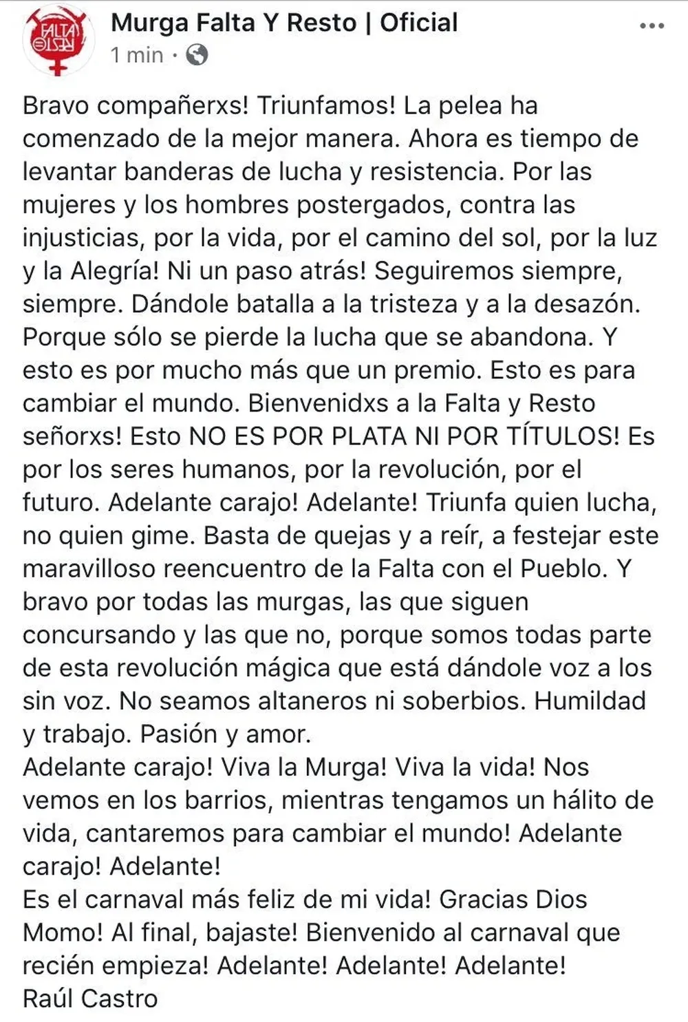 La carta publicada por Raúl Castro, el máximo referente de Falta y Resto.
