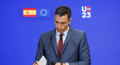 El presidente del Gobierno, Pedro Sánchez, durante la presentación de las prioridades de la Presidencia española del Consejo de la UE, en el Palacio de la Moncloa.