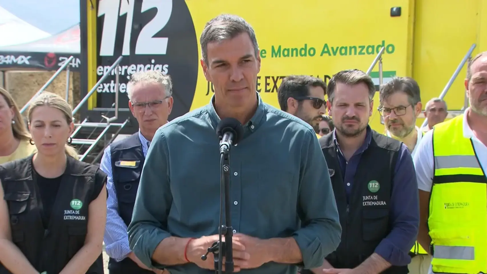 Pedro Sánchez, en declaraciones tras en La Granja (Cáceres) tras visitar el Puesto de Mando Avanzado de Jarilla,&nbsp;