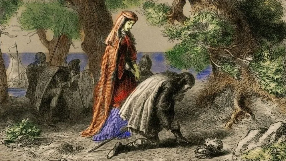 Thorfin y Gudrid en la orilla de Vineland , (1877). Los exploradores dirigieron una expedición a la costa de América del Norte visitada por los vikingos nórdicos