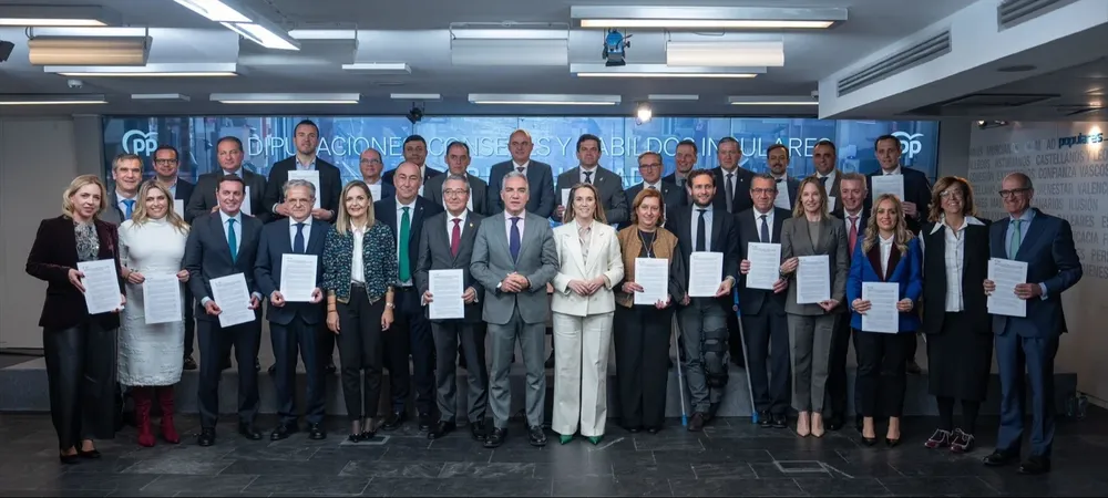 La secretaria general del PP, Cuca Gamarra, y el vicesecretaria de Política Autonómica del PP, Elías Bendodo, en la firma del manifiesto por la igualdad del PP junto a sus presidentes de Diputación.