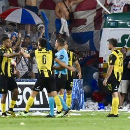 Maximiliano Olivera le entrega al árbitro Ostojich una petaca de vidrio que cayó desde la tribuna cuando el lateral aurinegro intentaba reponer un lateral