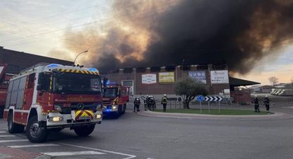 Así colapsa la cubierta y una de las fachadas de la nave en el polígono Cobo Calleja, Madrid.