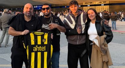 Marcelo Solomita, dirigente de Peñarol, junto a Edgardo Lasalvia, representante, Nahuel Herrera con el hombro operado, y su novia Nadia, fueron a ver a Real Madrid
